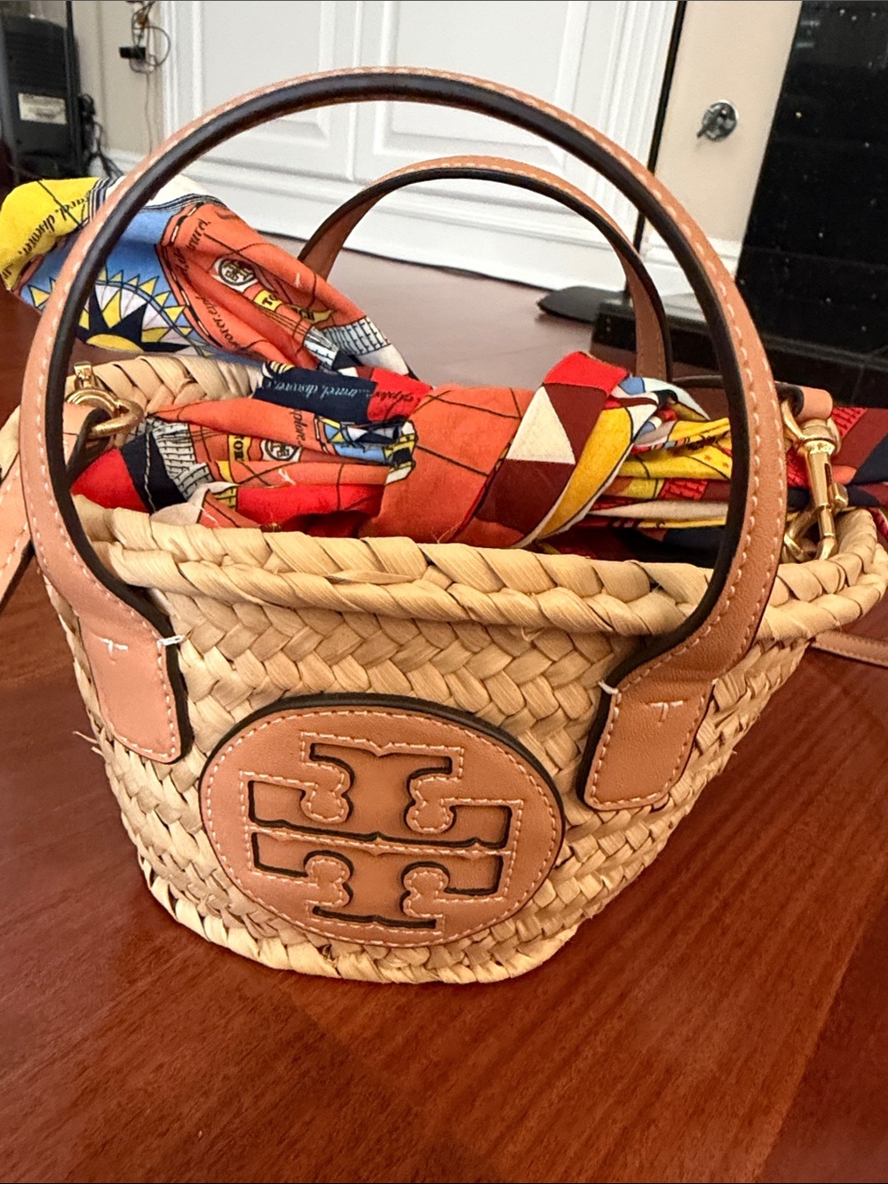 Tory Burch Straw Mini Basket Bag with Pink Leather Trim and Multicolor Scarf - Picture 2 of 9